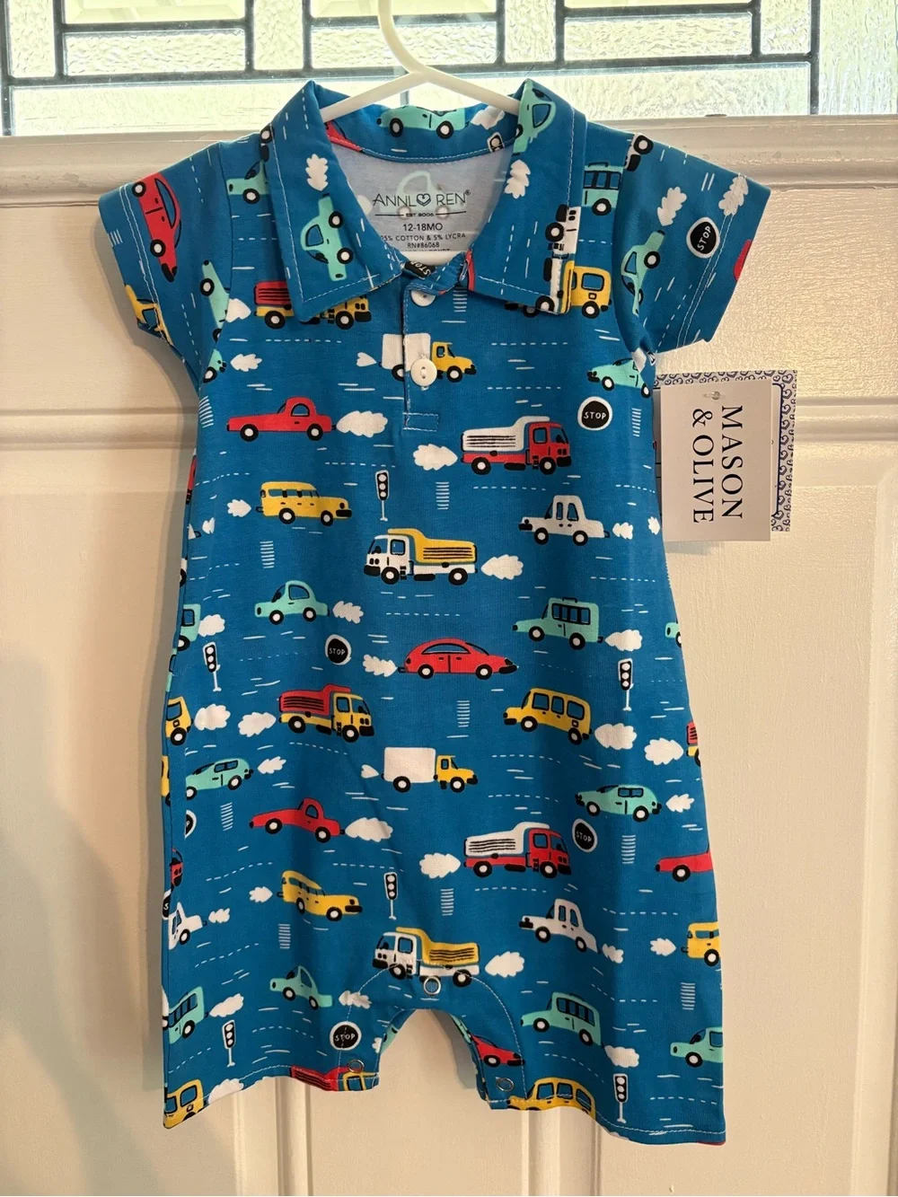 Ann Loren Blue Short-Sleeve Button Romper with Multicolor Car Print